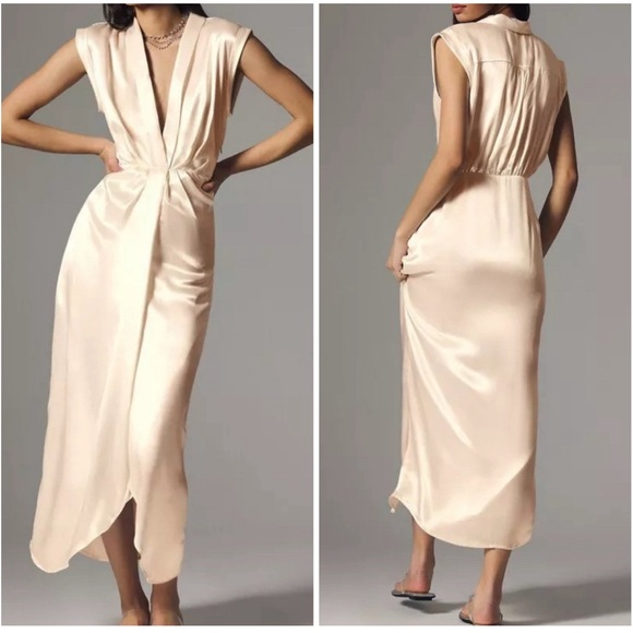 Anthropologie Women's ivory Sleeveless V Neck Twist-Front Satin Dress  0 nwt‎ - Picture 1 of 8